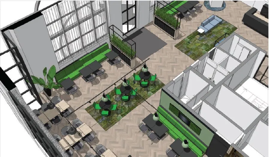 3D-interieurontwerp van een modern kantoor met groene accenten, zithoeken en werkplekken in Rivium Quadrant.